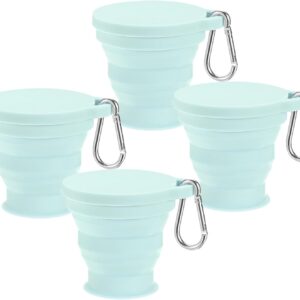 4 Pack Collapsible Travel Cup, 6oz(180ml) Silicone Portable Foldable Water Cup Bottle with Spring Buckle for Travel/Camping/Hiking, Reusable [Blue]