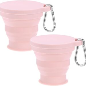 2 Pack Collapsible Travel Cup, 6oz(180ml) Silicone Portable Foldable Water Cup Bottle with Spring Buckle for Travel/Camping/Hiking, Reusable [Pink]