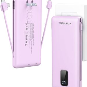 charmast Portable Charger with Built-in Cables & Wall Plug, 10000mAh Portable Power Bank, External Battery Pack Travel Essentials Compatible with iPhone 16/15/14/13, Samsung, iPad etc