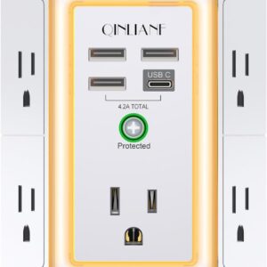3-Sided Outlet Extender with Night Light - QINLIANF Multi Plug Outlet with 5 Outlets and 4 USB Ports(1 USB-C), USB Wall Charger for Home, Office, Travel, ETL Listed, White