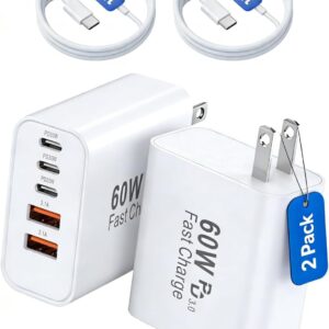 STHWU USB C Fast Charger Block, 2Pack 60W 5-Port Charging Cubes with 2pcs 3A Cable, 3 USB C+2 USB A PD&QC3.0, Multi-port Power Adapter Compatible with iPhone 17/16/15/14/13/12/11, iPad, Galaxy S25/S24
