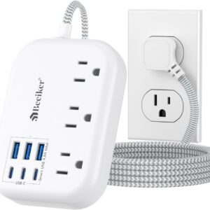 6 USB(3 USB C) Power Strip- Travel Power Strip with 6 USB Desktop Charging Station 24W/4.8A and 3 Outlets, 5Ft Flat Plug Braided Extension Cord, Non Surge Protector for Cruise Ship Travel Office Dorm