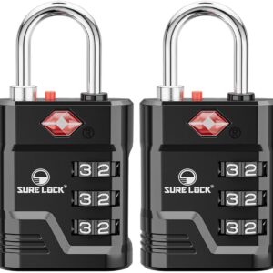 SURE LOCK TSA Approved Luggage Lock – 3-Digit Resettable Combination Padlock with Open Alert Red Dot, Large Easy-Read Dials for Suitcases, Backpacks, Gym & School Lockers (Black 2 pk)