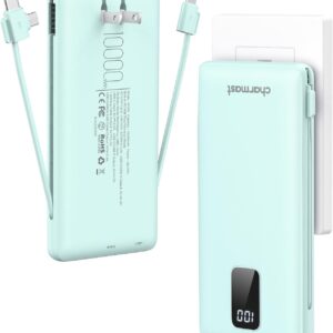 charmast Portable Charger with Built-in Cables and Plug, 10000mAh USB C Power Bank Fast Charging, External Battery Pack Slim, Travel Essentials Compatible with iPhones, Samsung Galaxy, iPad