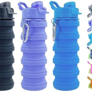 konlongzan Collapsible Water Bottles 3 Pack Silicone Water Bottle with Carabiner BPA Free Expandable Water Bottle 500ml Portable Sport Water Bottle for Travel Camping. (Black+Purple+Blue)