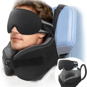 YFONG Travel Pillow for Long Flight Airplanes, Head Strap Combo with 3D Contoured Eye Mask for Sleep, Neck Pillow for Car Trip Essential, 360° Support Memory Foam Headrest, Prevent Head Bobbing, Black