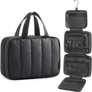 BAGSMART Travel Toiletry Bag for women, Portable Hanging Hook Makeup Bag Organizer, Waterproof Makeup Cosmetic Bag, for Full-Size Accessories, Toiletries,Black