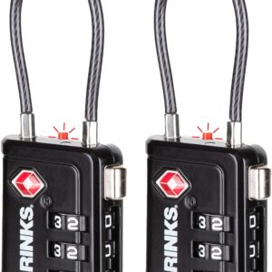 Brinks TSA Accepted Indicator Luggage Lock, Black - Resettable 3-Dial Combination, 1.5 inch Long Cable Shackle, New More Secure TSA008 Key, 2 Pack