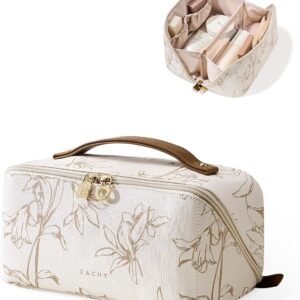 EACHY Travel Makeup Bag, Large Capacity Cosmetic Bags for Women, Waterproof Portable Pouch Open Flat Toiletry Bag Pattern Make up Bag (F-Beige)