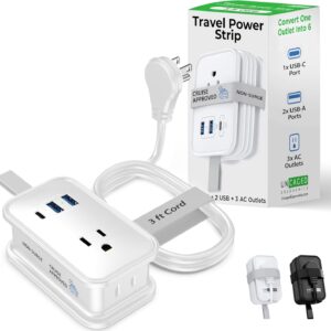 Travel Charger for Multiple Devices, Flat Plug Power Strip 3ft Adapter Extension Cord, 3 AC Outlets, 2 USB & 1 Fast Charging USB-C, No Surge Cruise Approved, Portable Power Strip