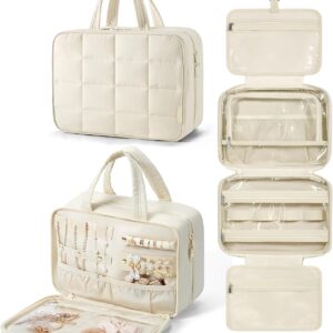 BAGSMART Travel Toiletry Bag with Jewelry Organizer, Hanging Travel Bag for Toiletries, Puffy Makeup Cosmetic Bag Organizer, Carry-on Travel Accessories Essentials, Beige-M