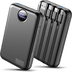 Portable Charger 10000mAh Power Bank with 4 Built-in Cables,All-in-One Travel Charger for iPhone,Android and Other Devices LED Display Compact and Battery Pack with Multiple USB Ports-Black
