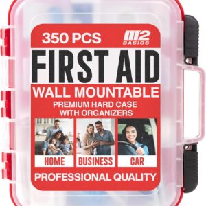 M2 BASICS Professional First Aid Kit, 350 Pieces, Wall Mountable with Dual Layer Organization for Home, Business, Car, Vehicle & Office