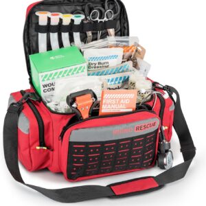 RHINO RESCUE First Responder First Aid Kit Fully-Stocked EMT Bag, Professional EMT/EMS Trauma Medical Kit, Molle System & Reflective Stripe, 300+ First Aid Supplies, Suits for Business, Home (Red)