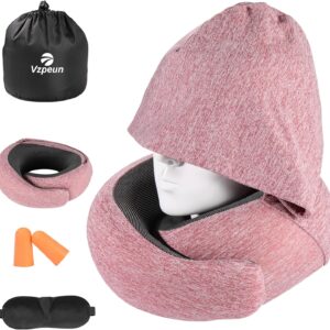 Vzpeun Travel Pillow - Hooded Neck Pillow Airplane Memory Foam Filling for Plane, Office, Cars Sleeping, Road Trip, Long Flights, Portable Plane Accessories, Includes Eye Mask & Earplugs (Red)