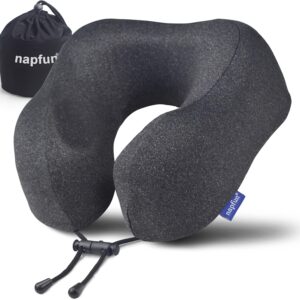 napfun Neck Pillow for Traveling, Upgraded Travel Neck Pillow for Airplane 100% Pure Memory Foam Travel Pillow for Flight Headrest Sleep, Portable Plane Accessories, Full Black