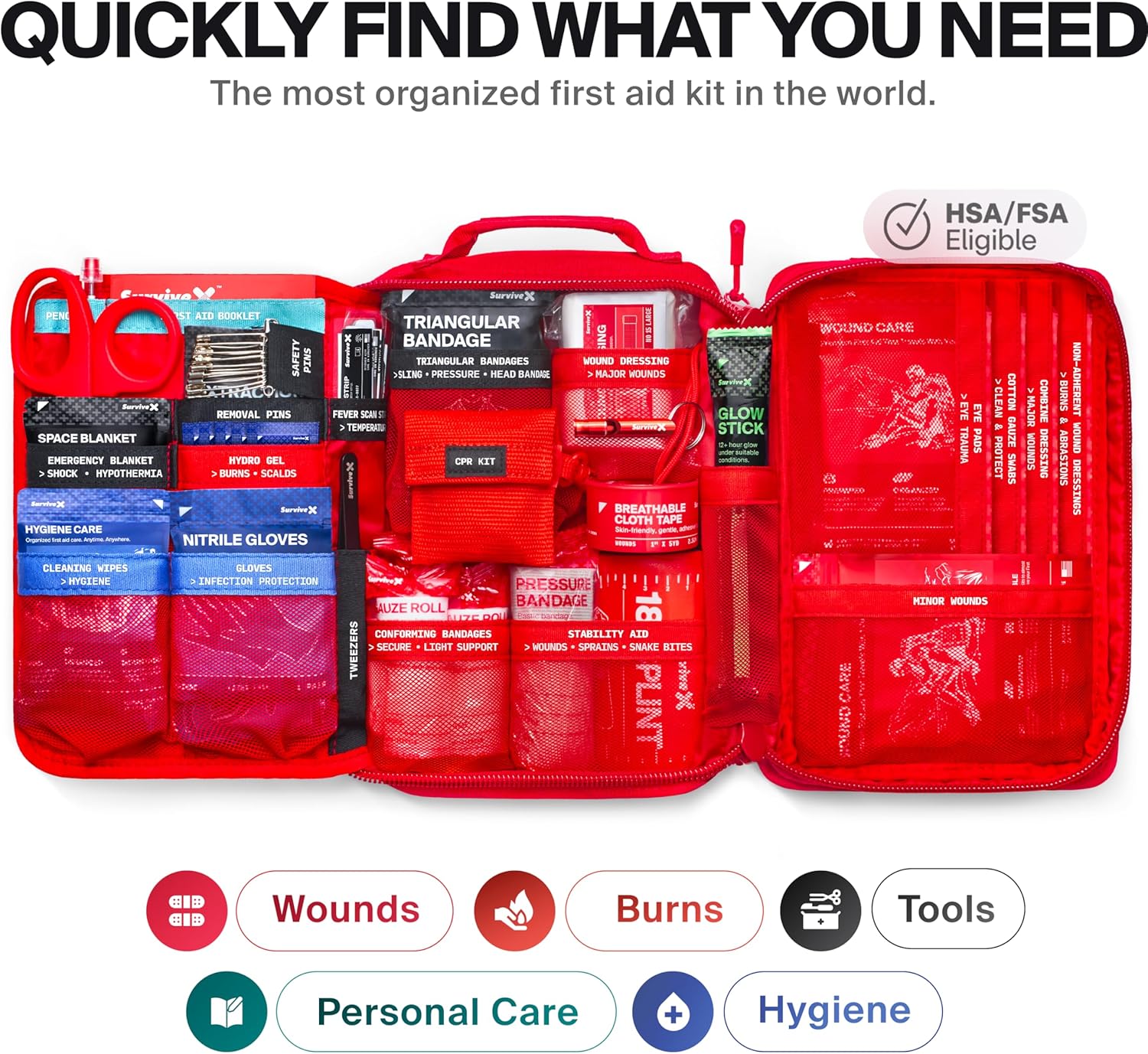 SurviveX Large First Aid Kit for Car, Travel & Home - Emergency Kit for Hiking, Camping, Backpacking and Outdoors - Includes Zip Stitch Wound Closure Strips - Image 3