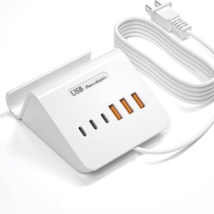 VHBW USB Charging Station, 6 Port 3USB-A and 3USB-C Charging Station for Multiple Devices, Multi USB Nightstand Charger Station with Phone Stand (ETL Listed, 6Ft Extension Cord, White)