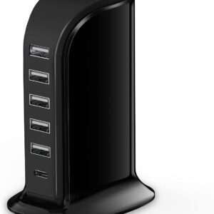 Charger Block 6 in 1 Upoy, 40W USB C Charger 3A, Charging Hub with 5 USB Ports(Shared 6A) for Multiple Electronics, USB Charging Station Multiports, Universal Desktop Phone Charger Travel Ready, Black