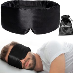 100% Natural Silk Eye Mask for Women Men, Soft Pressureless Cooling Blackout Eye Covers for Sleeping, Large Size Sleep Mask fits All Heads Adjustable, 1PC, Black