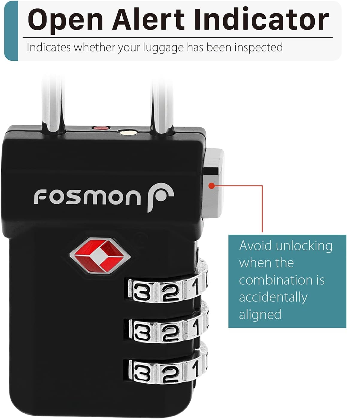 Fosmon TSA Accepted Luggage Locks, (4 Pack) Open Alert Indicator 3 Digit Combination Padlock Codes with Alloy Body and Release Button for Travel Bag, Suit Case & Luggage - Black - Image 8