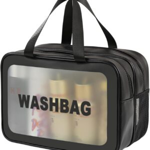 Travel Toiletry Bag for Women and Men, Matte Translucent Toiletry Bag with Handy Handle, Makeup Cosmetic Organizer Bag for Travel Toiletries Accessories (Black-XL)