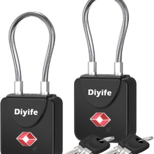 Luggage Locks with Key, [2 Pack] Diyife TSA Approved Luggage Locks, Suitcase Locks, Small TSA Travel Lock with Zinc Alloy Steel Cable Ideal for Backpacks, Bags, Toolbox, Case (Black)