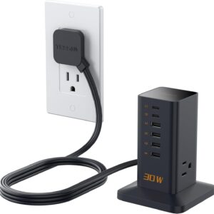 Charging Station 30W, TESSAN 9-in-1 Charger Blocks for iPhone 17/16/15/14, Tablets, Earphone with Surge Protector, 5ft Flat Extension Cord with 4 USB A, and 2 USB C for Home, Office, Dorm, Black