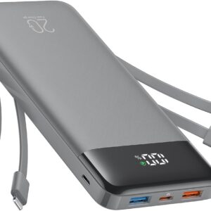 charmast 20000mAh Portable Charger with Built in Cables, 22.5W Travel Power Bank Fast Charging, USB C Cell Phone Battery Pack for iPhone 16/15/14/13/12/11 Series, iPad, Samsung, Android, Tablet