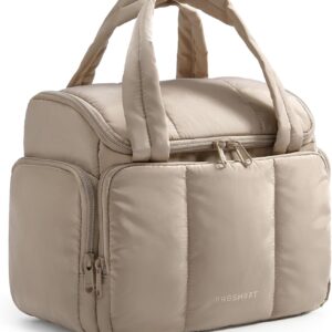 BAGSMART Toiletry Bag for Women with Dual-Padded Handles, Puffy Lightweight Makeup Bag for Makeup Accessories, Brushes Set, Travel-Sized Container, Camel