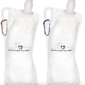 Survivor Filter Clear Collapsible Water Bottles - Travel, Hiking, Foldable, BPA-Free - 2 x