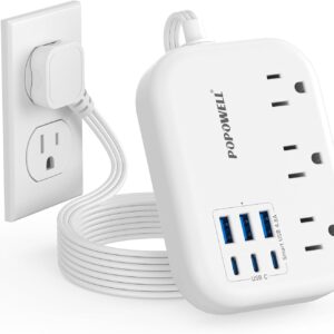 3 FT White Extension Cord, Small Flat Plug Power Strip with 6 USB Wall Charger (4.8A 24W), 3 Prong Mini Charging Station, Short Outlet Extender with 3 Outlets for Indoor Office Home Cruise Essential.