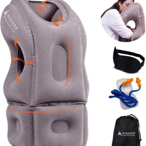 Modern Advantage Inflatable Travel Pillow with Adjustable Extra Bottom Support Neck Pillow for Chin & Head Stability Prevents Neck Pain Plane Pillow for Long Flight Travel - Eye Mask & Earplugs - Grey