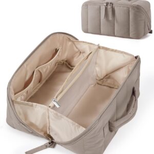 BAGSMART Travel Makeup Bag for Women, Portable Water-resistant Cosmetic Case, Puffy Padded Make Up Organizer Pouch, Open Flat Toiletry Bag for Toiletries, Brushes, Brown