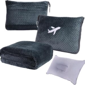 3 in 1 Travel Blanket Pillow Set - 350 GSM Thick Travel Blanket Airplane Compact with Bag, Soft Bag with a Pocket, Inflatable Travel Pillow for Camping & Car Trip (Dark Grey)