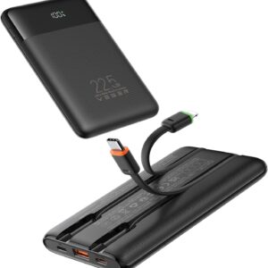 VEGER Portable Charger with Built in Cable, 10000mAh 22.5W Fast Charging USB C Battery Pack, 4 Outputs 3 Inputs Power Bank for iPhone 17/16/15/14 Series, iPad, Samsung, Android, Tablet, Black(1 Pack)