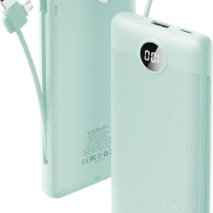 VRURC Portable Charger Built-in Cables and AC Wall Plug, USB C Power Bank 10000mAh, Travel Battery Portable Phone Charger Compact Lightweight External Battery Pack for Smart Phones, Tablets etc-Green