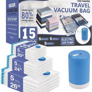 Cozy Essential 15 Pack Travel Vacuum Storage Bags with Rechargeable Wireless Electric Pump for Luggage, Suitcase, Carry-on Size Vacuum Seal Compression Space Saver Bags for Clothes and Clothing Travel