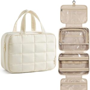 BAGSMART Travel Toiletry Bag for Women, Hanging Travel Bag for Toiletries, Puffy Makeup Cosmetic Bag Organizer, Carry-on Travel Accessories Essentials, Beige