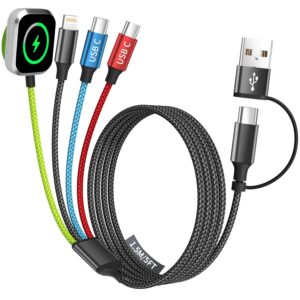 Travel Essentials Watch Charger, Dual Type-C 4 in 2 Multi Charging Cable, USB A/C Travel Charger for Multiple Devices for iWatch Ultra/SE/11-2, iPhone 17-11, Galaxy S25-21, iPad (1PACK 5FT)