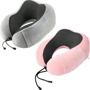 Neck Pillow Airplane-2 Pack Memory Foam Travel Pillow, Soft Support Travel Neck Pillow for Travelling, Sleeping Rest, Car, Train and Home Use (Grey&Pink)