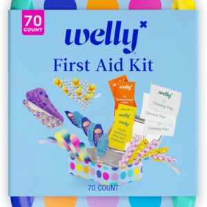 Welly First Aid Kit - FSA Eligible - Adhesive Bandages in Flexible Fabric and Waterproof, Single Use Ointments (Triple Antibiotic, Cleansing Wipes and Hydrocortisone) - 70 Count