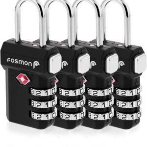 Fosmon TSA Accepted Luggage Locks, (4 Pack) Open Alert Indicator 3 Digit Combination Padlock Codes with Alloy Body and Release Button for Travel Bag, Suit Case & Luggage - Black