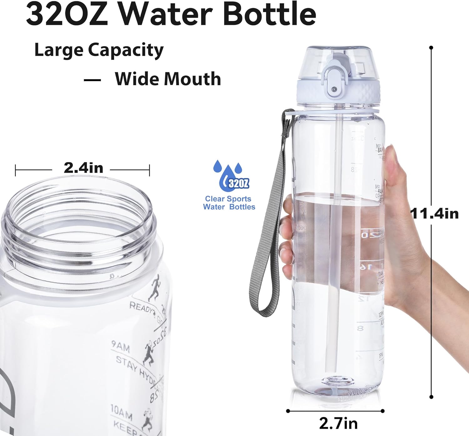 GOPPUS Water Bottle Clear Water Bottle with Straw 32oz Plastic Water Bottles BPA Free Tritan Wide Mouth Bottle Leakproof Motivational bottles water for Gym,Hiking,School or Office(1 Bottles) - Image 5