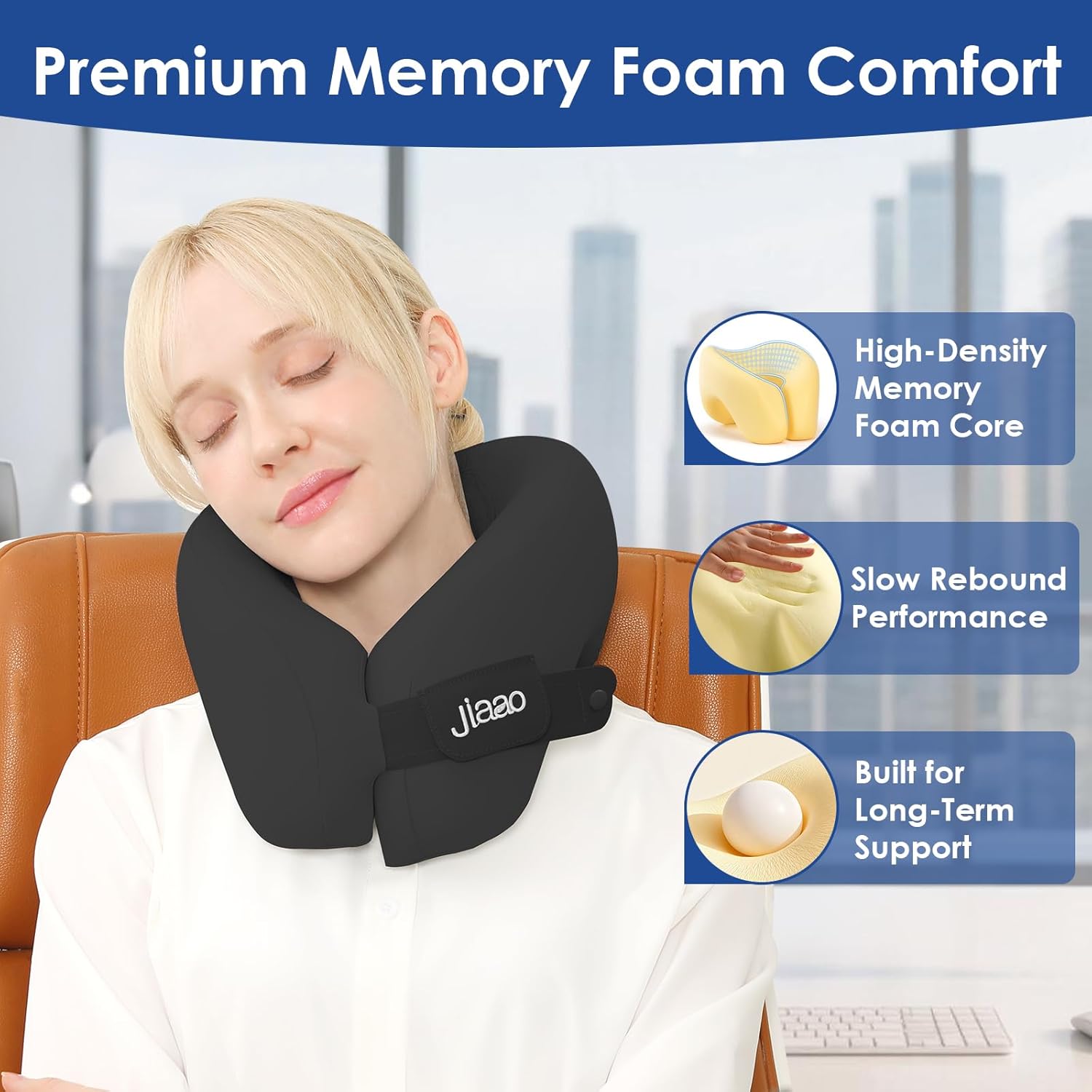 jiaao Travel Pillow Memory Foam Neck Pillow for Airplanes with Adjustable Neck Support, Includes Eye Mask, Earplugs & Storage Bag - Perfect for Flights, Road Trips, and Trains - Image 3