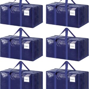 6 Pack Extra Heavy Duty Large Moving Bags with Strong Zipper & Comfortable Handles, Sturdy & Durable Clothes Storage Bags Totes Bins, Blue Packing Moving Boxes for College Supplies, Dark Blue