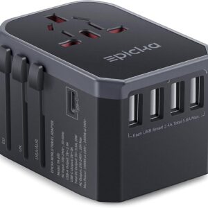 EPICKA Universal Travel Adapter, European Travel Plug Adapter (Not a Voltage Converter) - International Power Adapter Worldwide Charger with USB-C & 4 USB-A Ports, Travel Essentials (TA-105, Grey)