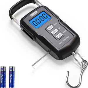 Fish Scale Backlit LCD Display FS01: 110lb/ 50kg Digital Luggage Scale with Storage Function Numerical Comparison, Built-in Measuring Tape, Batteries Included - Fishing Gifts for Men