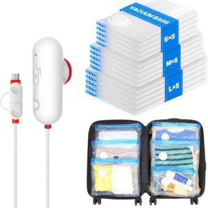VMstr 15 Pack Travel Vacuum Storage Bags with USB Pump, Vacuum Packing Seal for Luggage and Suitcase, Space Saver for Clothes and Clothing Travel
