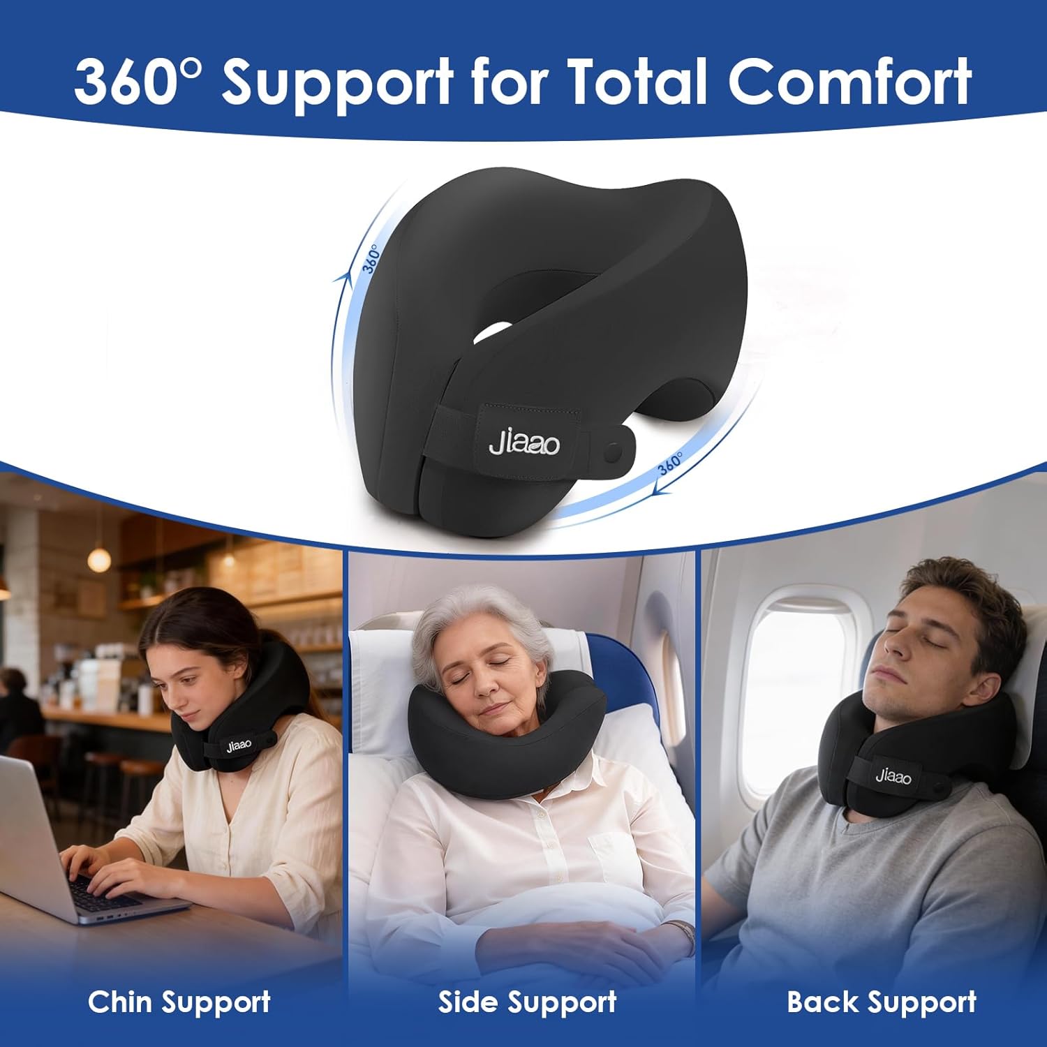 jiaao Travel Pillow Memory Foam Neck Pillow for Airplanes with Adjustable Neck Support, Includes Eye Mask, Earplugs & Storage Bag - Perfect for Flights, Road Trips, and Trains - Image 2